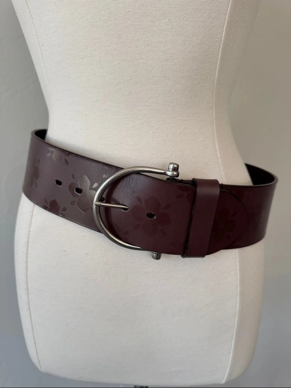 Laura Ashley Leather Wide Floral-Embossed Belt With Silver Tone Buckle